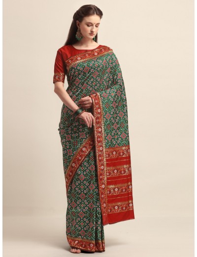 KAPAAHA Woven Navratan Patola Saree (Dark Green)